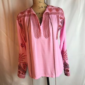 Misa Los Angeles Pink Embroidered Tunic Popover Blouse Boho XS Tassel Tie